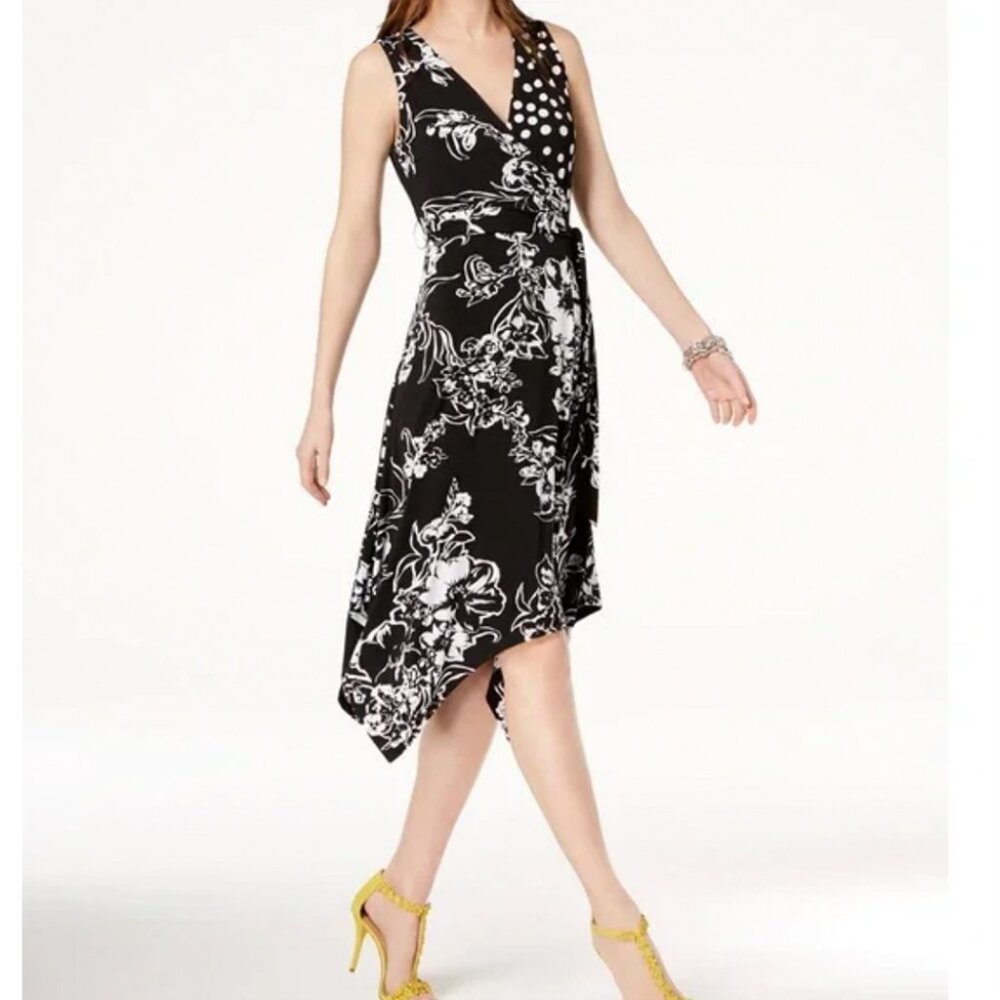 I.N.C. International Concepts: Faux Wrap Black and White Asymetrical Dress